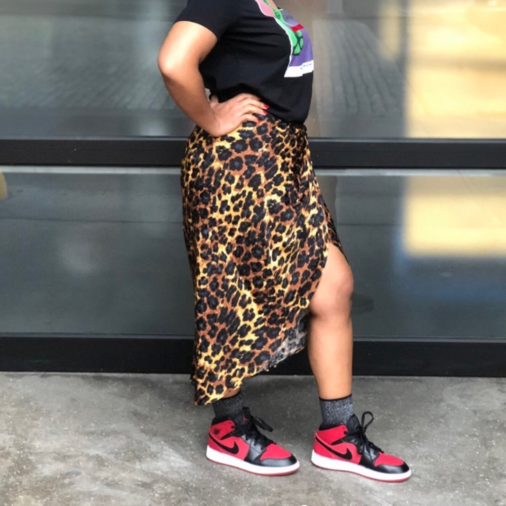 Satin Cheetah Print Asymmetrical Skirt